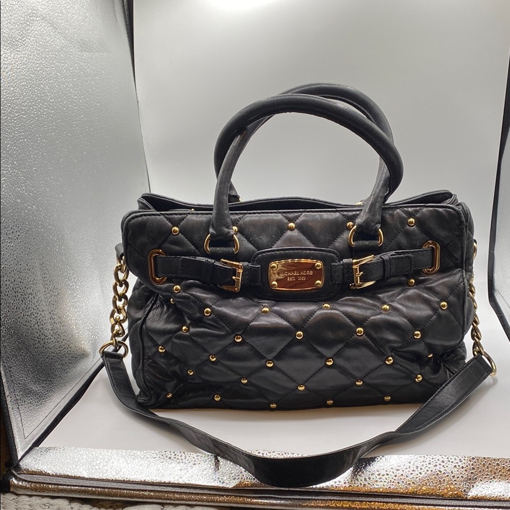 677 Michael Kors black quilted leather w studs satchel w shoulder strap EPOC